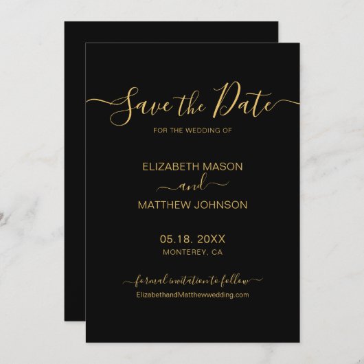 Elegantes Script Minimalistisch Gold und Black Wed Save The Date (Vorne/Hinten)