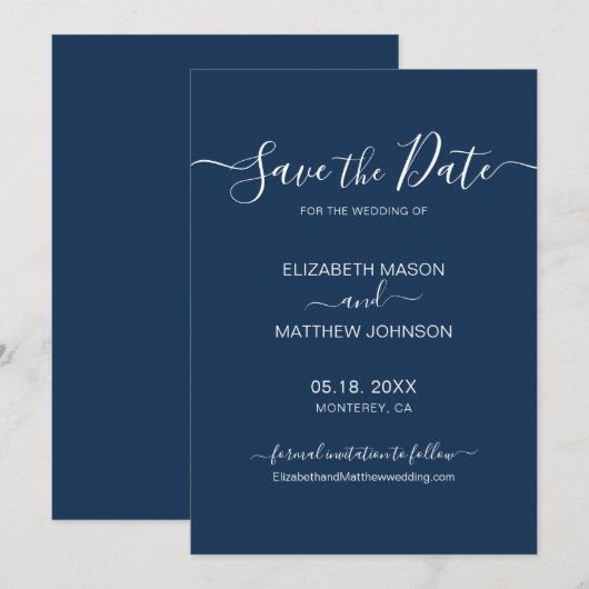 Elegantes Script Minimalistisch Navy und White Wed Save The Date (Vorne/Hinten)