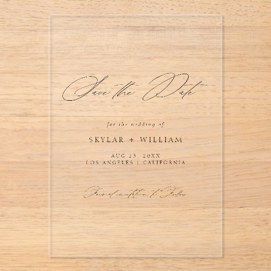 Elegantes Script Minimalistisch Wedding Save the D Acryleinladungen (Vorderseite)
