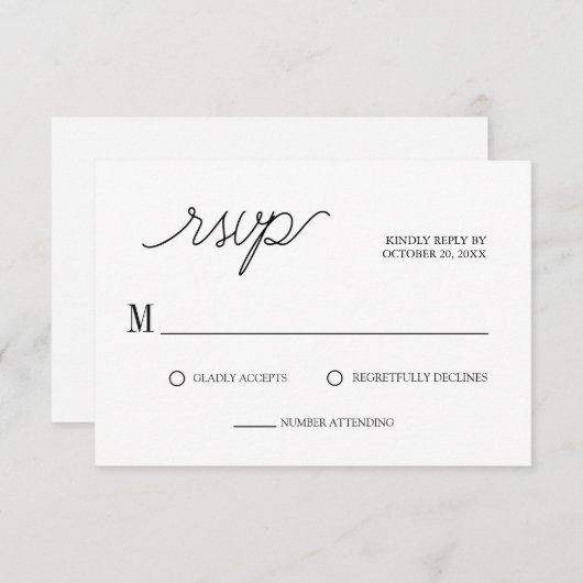 Elegantes Script Minimalistisch White Wedding RSVP Karte (Vorne/Hinten)