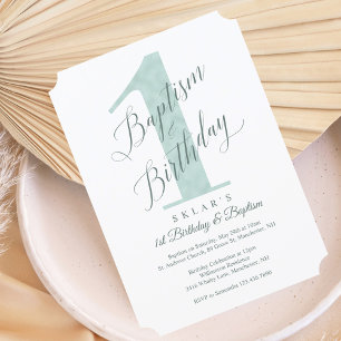 Elegantes Script Mint Baby's 1. Geburtstag & Taufe Einladung