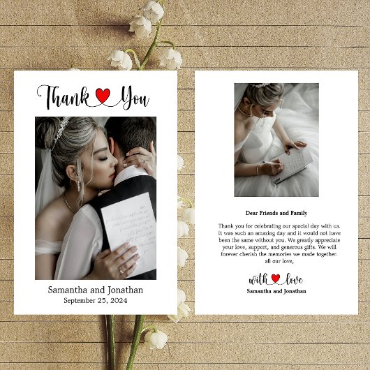 Elegantes Script mit Red Heart Wedding Foto Dankeskarte