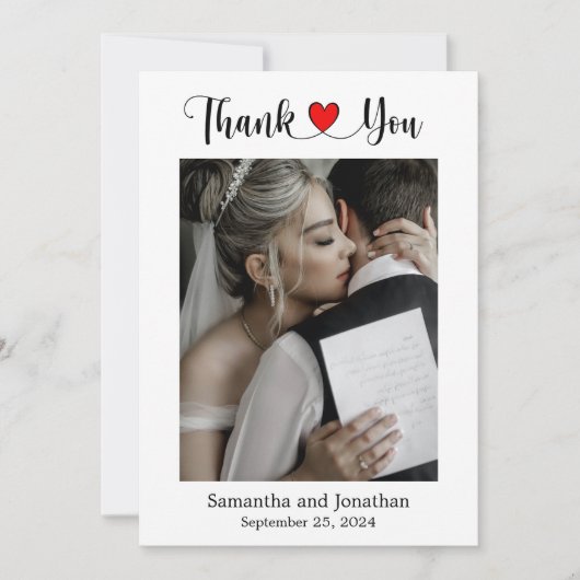 Elegantes Script mit Red Heart Wedding Foto Dankeskarte (Vorderseite)