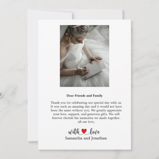 Elegantes Script mit Red Heart Wedding Foto Dankeskarte (Rückseite)