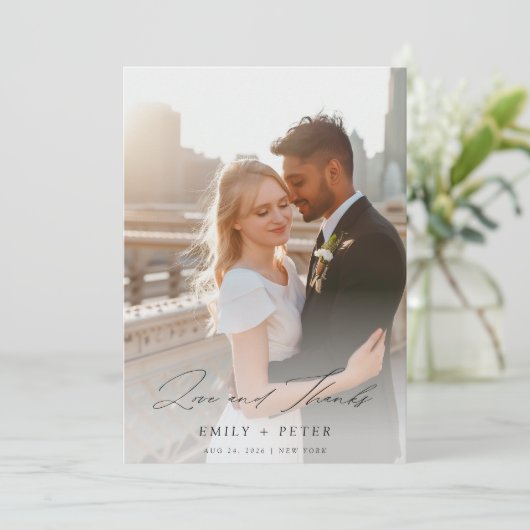Elegantes Script Moderne 2-Foto Hochzeit Dankeskarte (Stehend Vorderseite)