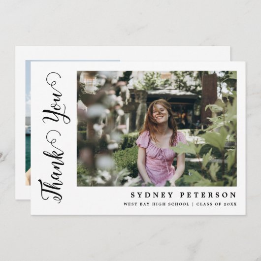 Elegantes Script Moderner Einfaches 2-Foto-Abschlu Dankeskarte (Vorne/Hinten)