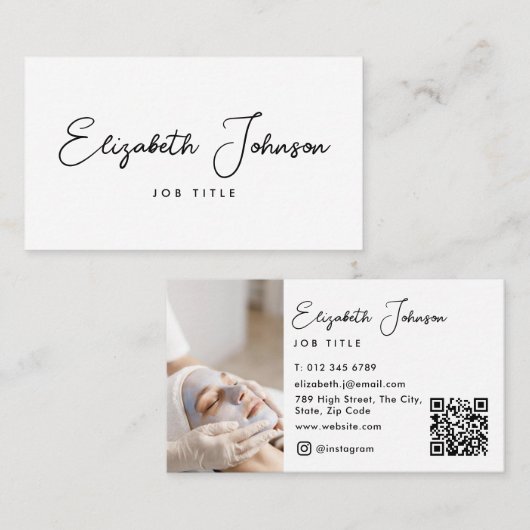 Elegantes Script Modernes Chic Foto QR Code Visitenkarte (Vorne/Hinten)