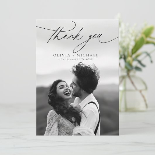 Elegantes Script Modernes Foto Hochzeit Dankeschön Einladung (Stehend Vorderseite)