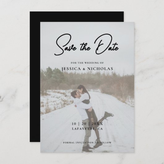 Elegantes Script Modernes Foto Hochzeit Save The Date (Vorne/Hinten)
