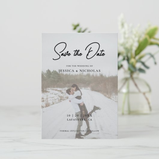 Elegantes Script Modernes Foto Hochzeit Save The Date (Stehend Vorderseite)