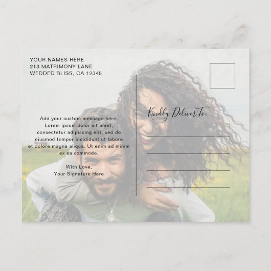 Elegantes Script Modernes Foto Hochzeit speichern  Ankündigungspostkarte (Rückseite)