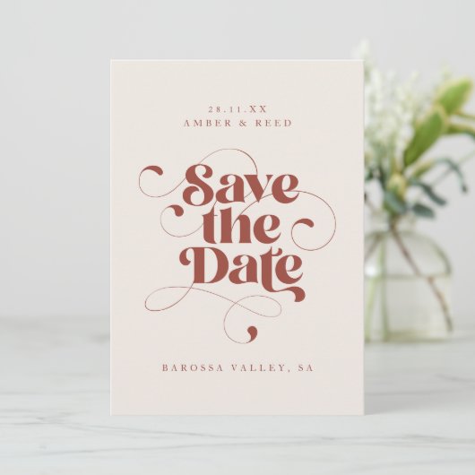 Elegantes Script Modernes Foto Terracotta auf dem  Save The Date (Stehend Vorderseite)