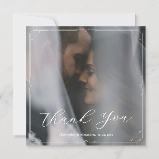 Elegantes Script Modernes Frame Wedding Foto Dankeskarte (Vorderseite)