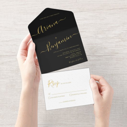 Elegantes Script Modernes Schwarz-weißes Gold Mini All-in-One-Einladung (Abreißstreifen)