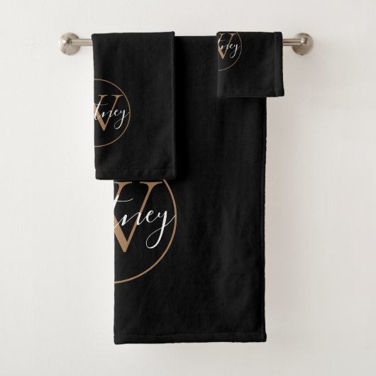 Elegantes Script Monogram Black and Gold Badhandtuch Set (Insitu)