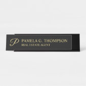 Elegantes Script Monogram Black and Gold Schreibtischnamensplakette (Vorderseite )