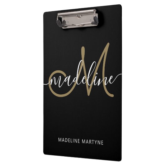 Elegantes Script Monogram Black Gold Klemmbrett (Links)