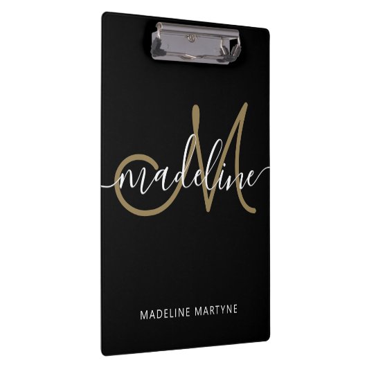 Elegantes Script Monogram Black Gold Klemmbrett (Rechts)