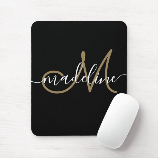 Elegantes Script Monogram Black Gold Mousepad (Mit Mouse)