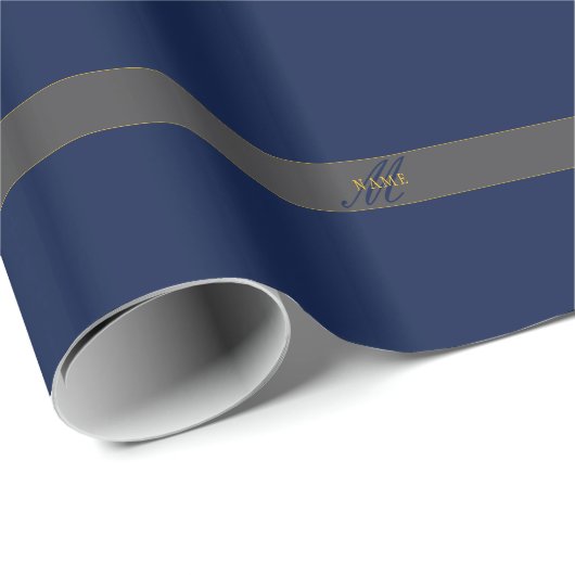 Elegantes Script Monogram Dark Navy Blue Gray & Go Geschenkpapier (Rolleneckpunkt)