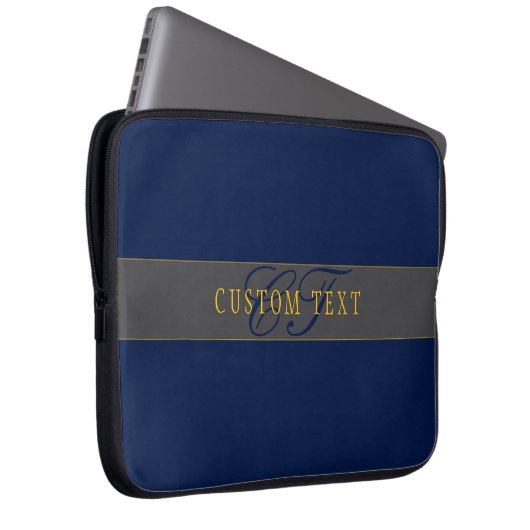 Elegantes Script Monogram Dark Navy Blue Gray & Go Laptopschutzhülle (Vorne Rechts)