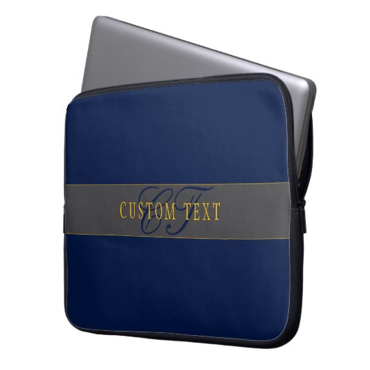 Elegantes Script Monogram Dark Navy Blue Gray & Go Laptopschutzhülle (Vorderseite Links)