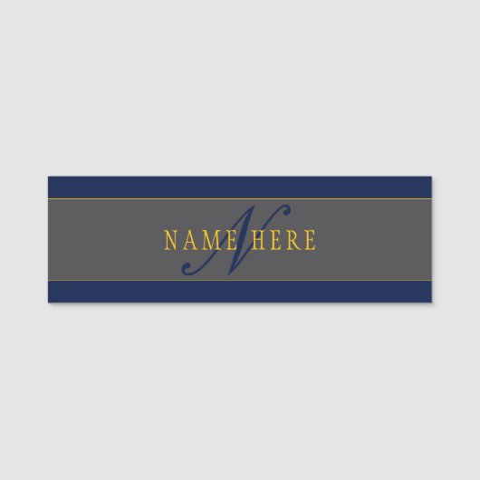 Elegantes Script Monogram Dark Navy Blue Gray & Go Namensschild (Vorderseite)