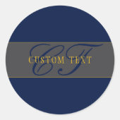 Elegantes Script Monogram Dark Navy Blue Gray & Go Runder Aufkleber (Vorderseite)