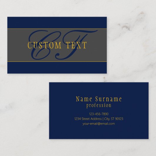 Elegantes Script Monogram Dark Navy Blue Gray & Go Visitenkarte (Vorne/Hinten)