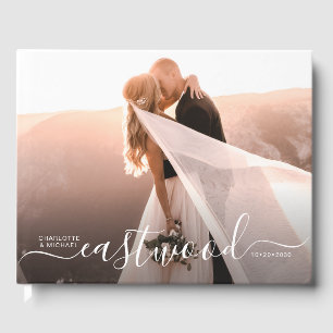 Elegantes Script Monogram Foto Hochzeit Gästebuch