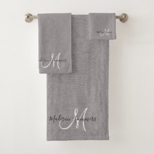 Elegantes Script Monogram Gray Linen Effect Handtu Badhandtuch Set