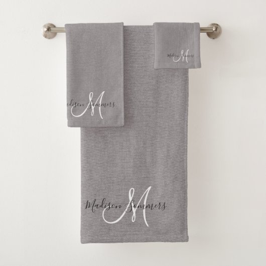 Elegantes Script Monogram Gray Linen Effect Handtu Badhandtuch Set (Insitu)