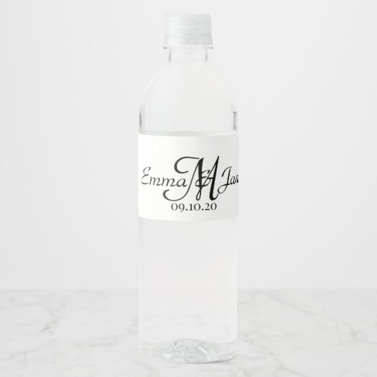 Elegantes Script Monogram Wedding Water Bottle Lab Wasserflaschenetikett (Vorderseite)