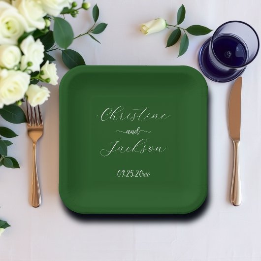 Elegantes Script Moss Green Wedding Pappteller