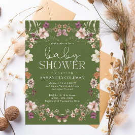 Elegantes Script Moss Green Wildblume Baby Shower Einladung