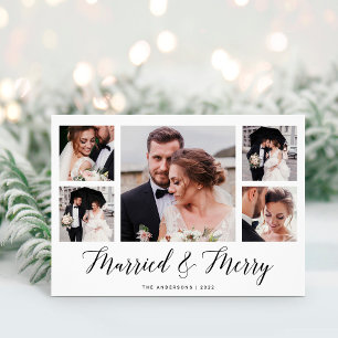 Elegantes Script Multi Foto Grid Verheiratet und h Feiertagskarte