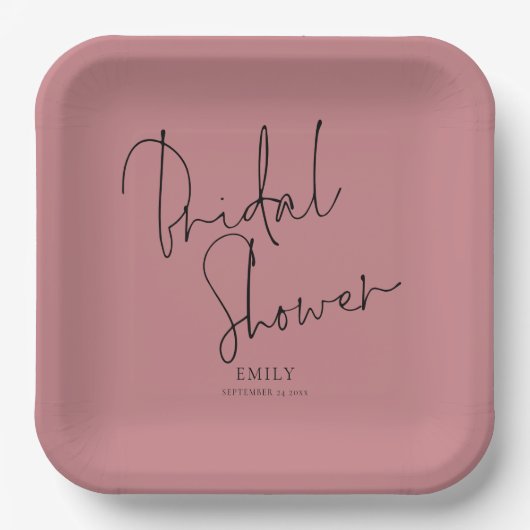 Elegantes Script Name Dusty Rose Rosa Brautparty Pappteller (Vorderseite)