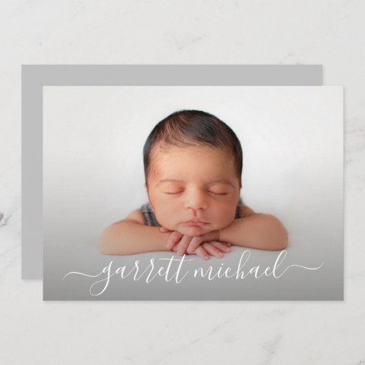 Elegantes Script Name Foto Baby Birth Ankündigunge (Vorne/Hinten)