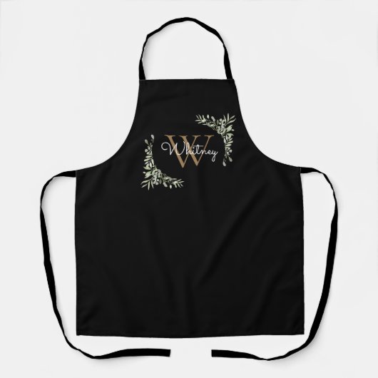 Elegantes Script Name Greenery Black Gold Monogram Schürze (Vorderseite)