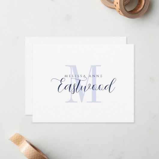 Elegantes Script Name Navy Blue Monogram Mitteilungskarte (Vorderseite/Rückseite Beispiel)