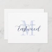 Elegantes Script Name Navy Blue Monogram Mitteilungskarte (Vorne/Hinten)