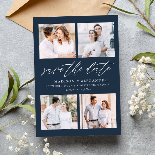 Elegantes Script Navy 4 Foto Collage Save The Date