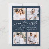 Elegantes Script Navy 4 Foto Collage Save The Date (Vorderseite)