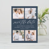 Elegantes Script Navy 4 Foto Collage Save The Date (Stehend Vorderseite)