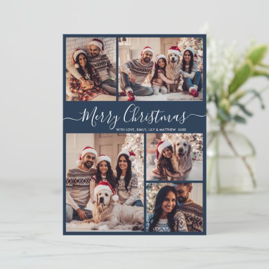 Elegantes Script Navy 5 Foto Collage Weihnachten (Stehend Vorderseite)