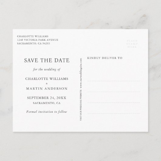 Elegantes Script Navy Blue Blush Gold Save the Dat Ankündigungspostkarte (Rückseite)