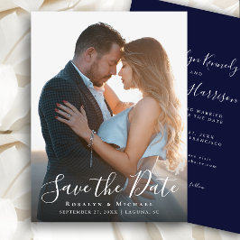 Elegantes Script Navy Blue Foto Minimalistisch Hoc Save The Date