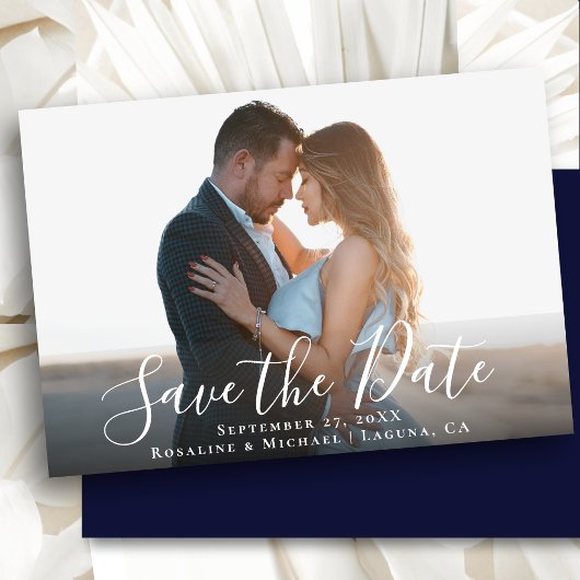 Elegantes Script Navy Blue Foto Minimalistisch Hoc Save The Date