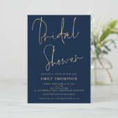 Elegantes Script Navy Blue Gold Brautparty Einladung (Stehend Vorderseite)