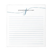 Elegantes Script Navy Blue Modern Monogram Lined Notizblock (Vorderseite)
